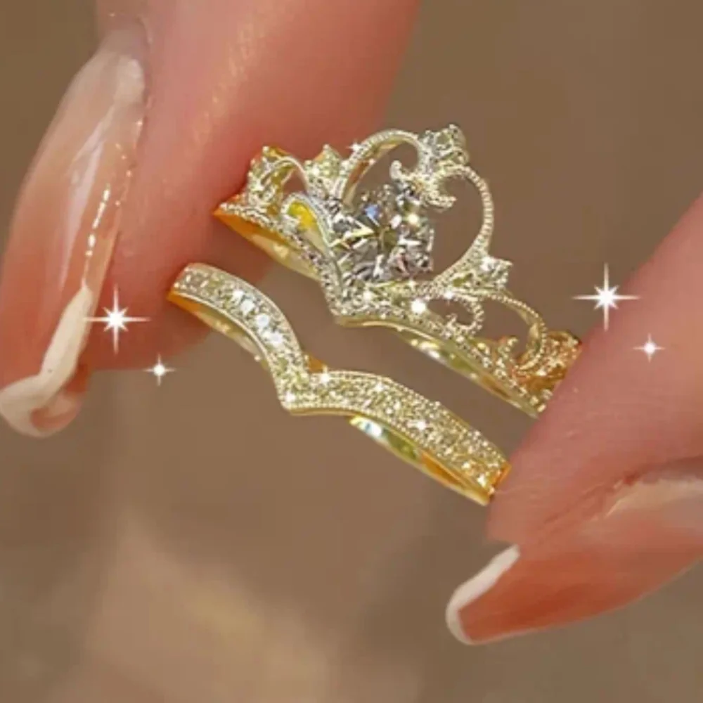 💕Elegant Crown Princess-Inspired Rhinestone Ring set, Adjustable Open-End Rings - Picture 2 of 2